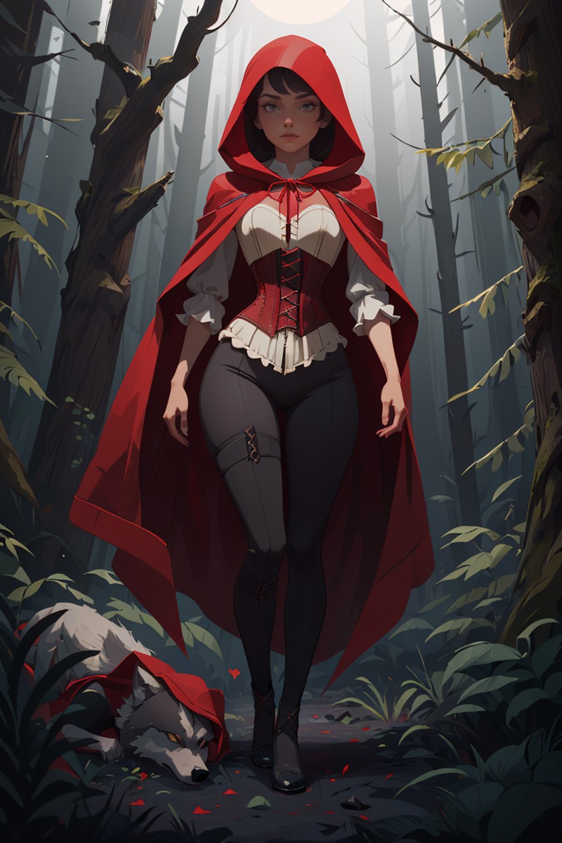 386634-3613306367-award winning full body shot (portrait photo_1.2) of (red riding hood woman_1.2) looking at a (dead wolf_1.2),(white corset, red.png